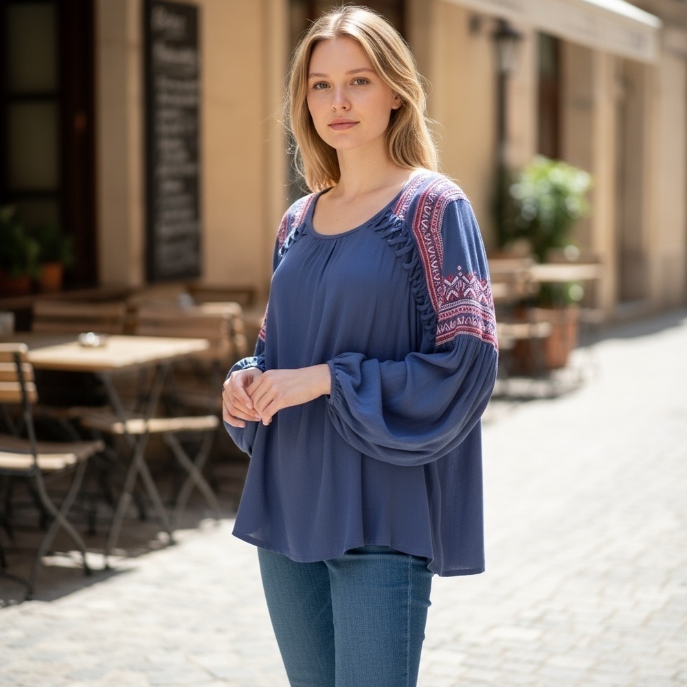 Solito Embroidered Lightweight Blue Lattice Peasant Top Womens Oversized Small
